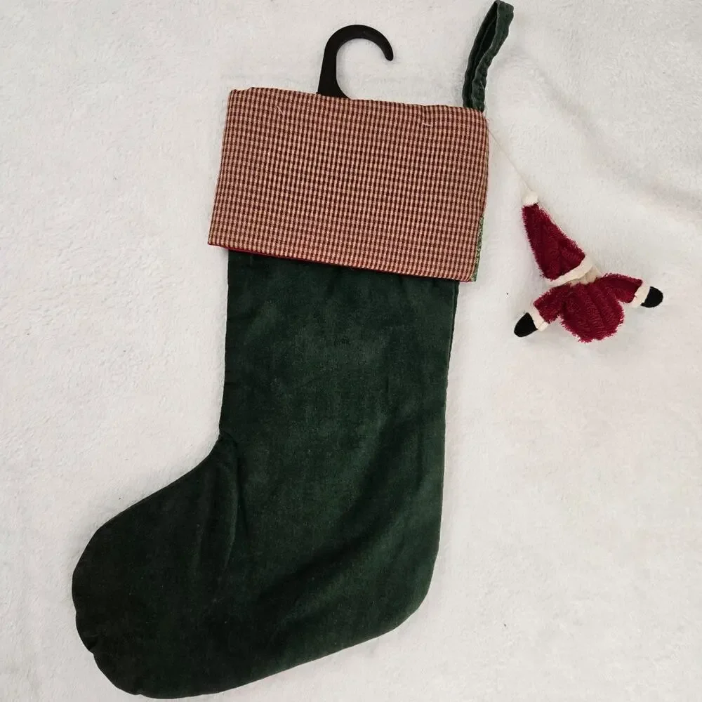 Vintage Style Patchwork Santa Christmas Stocking with Plush Santa Charm